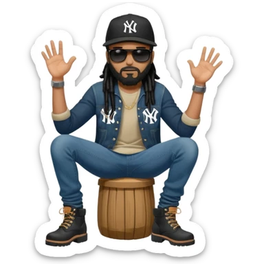 African American man with shoulder length black dreadlocks with black beard wearing black sunglasses wearing a black New York Yankees logo baseball cap wearing denim skinny jeans and timberland boots with thumbs down sticker