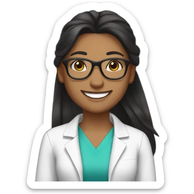 Pharmacist brown skin, long straight pony tail black hair, glasses and a big smile, femail sticker