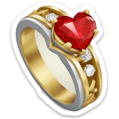 A gold ring with a red heart shape diamond  sticker