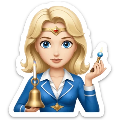 Blonde blue eyes Wonder Woman holding bell and short white orchestra conductor’s baton  sticker