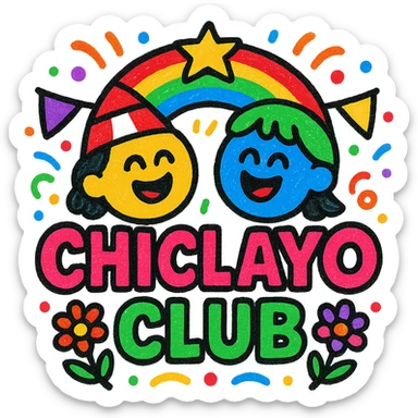 vibrant colorful logo for 'Chiclayo Club' using Peruvian colors red white yellow green blue purple, conveying friendship and joy, playful festive elements, welcoming energetic vibe, text 'Chiclayo Club' in friendly bold font sticker