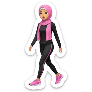 tan skin, hijabi young women in pink hijab, going for walk in black active wear clothing full body, walking  sticker