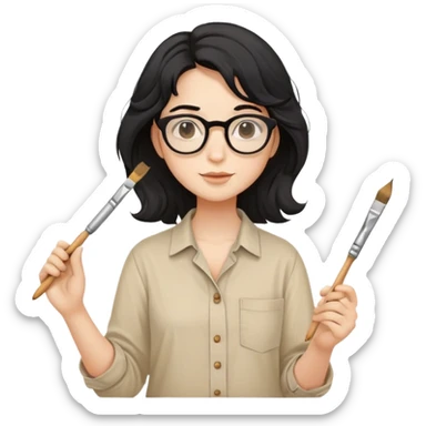 Artist with wavy black hair, round glasses, beige painter's shirt, square paintbrush in hand sticker