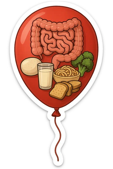 PALLONCINO ROSSO CON DENTRO UN INTESTINO UMANO, UNA MOZZARELLA, UN BICCHIERE DI LATTE, UNA BOWL DI PASTA, QUALCHE BROCCOLO, QUALCHE FETTINA DI PANE sticker
