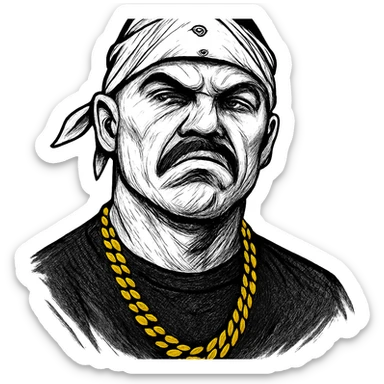 gangsta style face, white skin, gold necklace, mustache, white bandana, attitude sticker