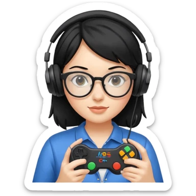 
gamer, black hair girl with glasses, headphone, gamepad sticker