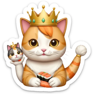 princess cat eating sushi, playful, small crown, holding sushi, emoji style sticker