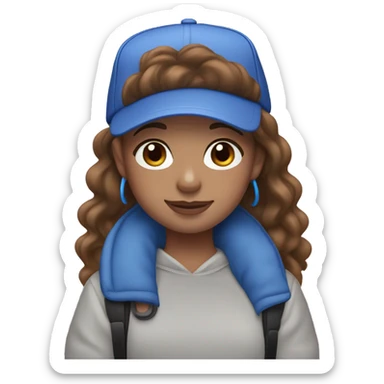 girl with wavy brown hair , blue eyes , light skin wearing blue  AirPods Max and blue cap sticker
