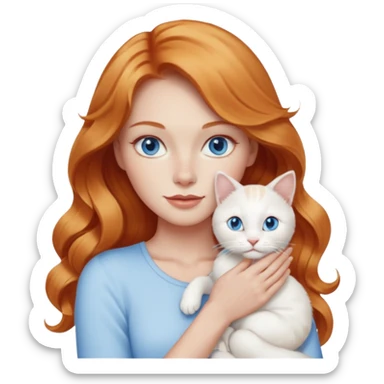 Long wavy strawberry blonde blue eyes woman with a white cat with blue eyes sticker