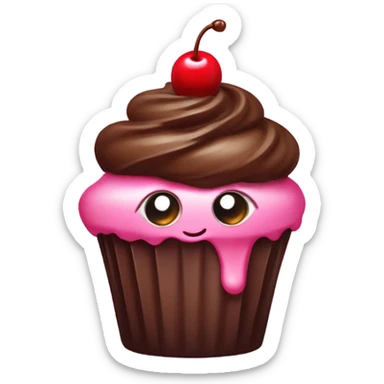 kawaii chocolate cupcake with pink frosting and a cherry on top sticker