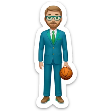 full body White male basketball coach light brown hair, short beard, green/blue eyes wearing glasses and blue and green suit sticker