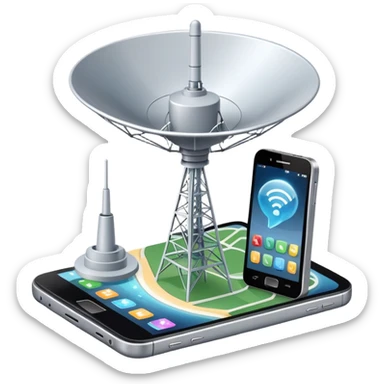 An icon featuring a satellite dish, a cell tower emitting signals, and a smartphone displaying a chat interface. The design includes fiber-optic cables and data waves, symbolizing global communication, connectivity, and information exchange. Transparent background. sticker