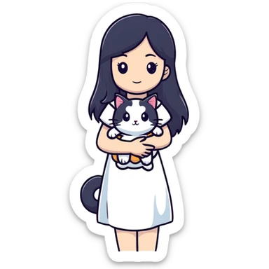 beautiful girl with long black hair wearing a white dress holding a cat in her arms sticker