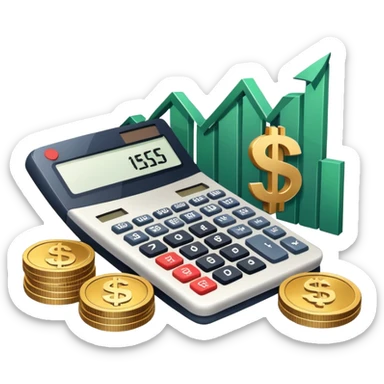 An icon featuring a calculator, a dollar sign, and a chart with upward trends, symbolizing economics. The design includes coins, bills, and a globe, representing global trade and financial systems. Transparent background highlights the study of markets, supply, and demand. sticker