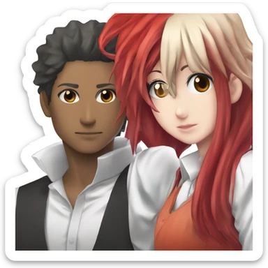Create a dynamic and emotionally charged illustration featuring two characters from the anime/manga "Chainsaw Man":

1. **Makima**:
   - Appearance: Elegant and composed, with long, flowing hair and her signature red outfit. sticker