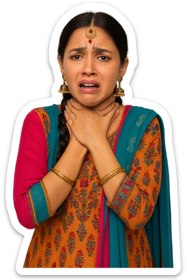 A young woman in salwar kameez, choking herself with both hands, distressed expression, traditional jewelry, colorful, no background sticker
