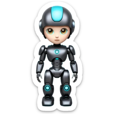 Cute futuristic chibi humanoid robot with large rounded head, add text on chest "LMX", glossy black and grey metal body, glowing cyan and amber eyes, visible joints, confident pose, white background, high-detail 3D render,  sticker