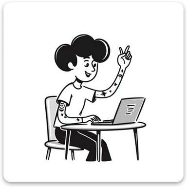 Cool female rockstar musician with arm tattoos and alternative hairstyle, sitting at desk with laptop, raising hand in class, smiling confidently sticker