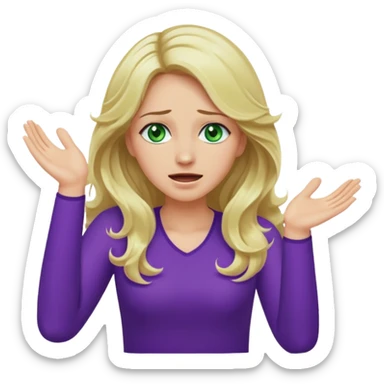 lady with long wavy blonde hair, purple top, green eyes, throwing her hands in the air crying sticker