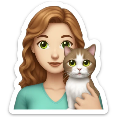 white girl with brown wawy hair and blue eyes, who hold a small persian cat with green eyes sticker