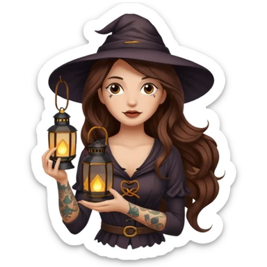 tired night witch woman long wavy brown hair tattoos holding lantern sticker