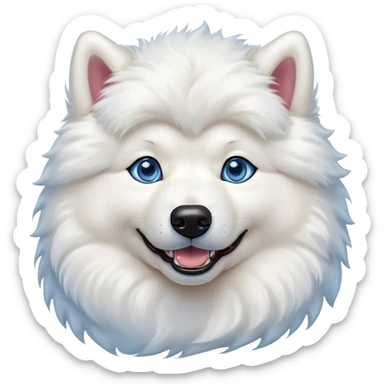 Cinematic Comical Samoyed Portrait Emoji, Head tilted dramatically with an exaggeratedly amused expression, featuring a striking, fluffy white Fur with a radiant sheen, wide, expressive blue eyes filled with playful disbelief, Simplified yet hilariously expressive features, highly detailed, glowing with a slightly sassy glow, high shine, dramatic yet playful, stylized with an air of cheeky mischief, bright and endearing, soft glowing outline, capturing the essence of a spirited and over-the-top companion, so meme-worthy it feels like it could side-eye its way into internet fame instantly! sticker