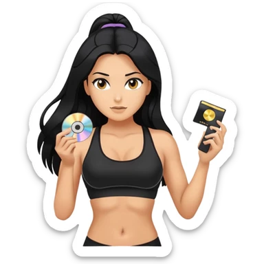 glasses, long black hair tanned woman, black sports bra, sexy, hot, data analysis, holding a cd  and memory stick sticker