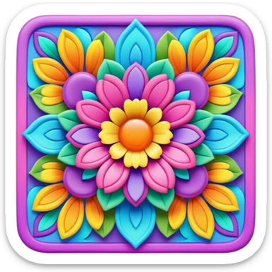 Create a 3D ultra detailed psychedelic colored square shaped hippie style flower border sticker