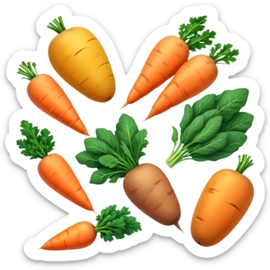Plant sources of vitamin A (carotenoids): carrots, sweet potatoes, spinach, kale, mangoes, and apricots glowing with a soft orange-yellow light representing their provitamin A content that needs to be converted by the body. sticker