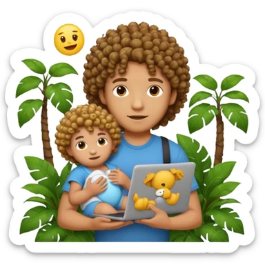 a guy with curly hair in the middle of the jungle holding a baby doll and a laptop, emoji style, more focus on the jungle background sticker