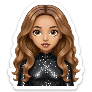 Jade Thirlwall from Little Mix with long brown hair, black sequin outfit sticker