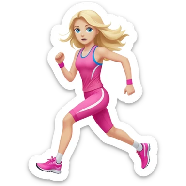 A cinematic realistic blonde with long hair and blue eyes, dressed in a pink sports outfit, runs sticker