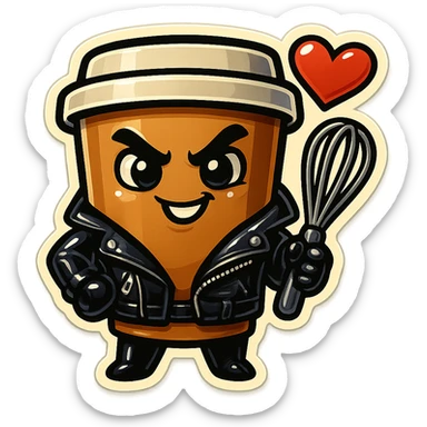 Tall coffee cup, dressed in leather holding a whipping paddle, mischevious, heart sticker