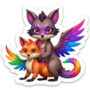 black female raccoon dragon hybrid with rainbow colored wings and purple eyes hugging a red female fox dragon hybrid with rainbow colored wings and orange eyes sticker