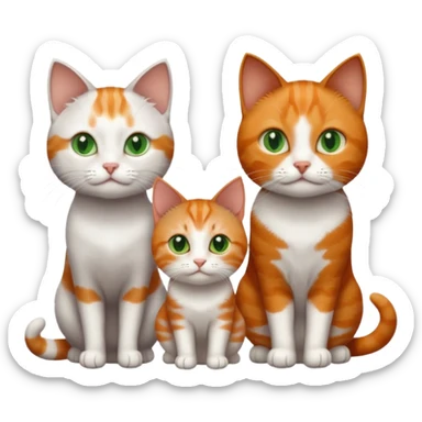 3 tiny different coloured short haired cats including a dark grey and white cat with green eyes, a ginger and white with orange eyes and a brown tabby and white with hazel eyes sticker