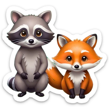 Collage of a raccoon and a fox, in close-up, surrounded by a colorful forest with rich green trees, thick bushes, and vibrant foliage. Sunlight peeks through the branches, casting warm light on the animals. A lively, natural setting with a transparent background. sticker