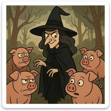 witch with pointed hat and cloak surrounded by pigs that were once humans, cartoon style sticker