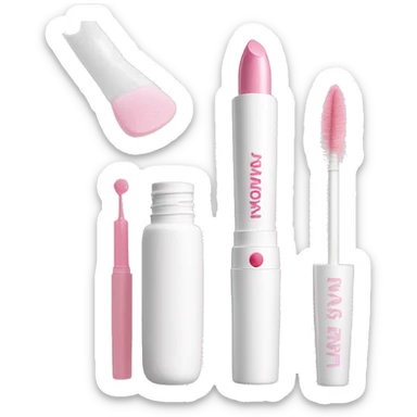 White mascara wand, next to a white cosmetics bag, white and pink lipstick, and a white container with pink blush sticker