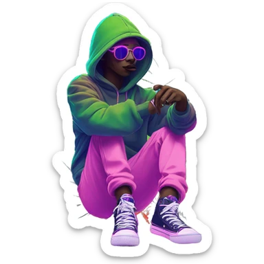 Hemp leaves Multicoloured neon person smoking wearing hoodie dancing hip hop bucket hat tropical Skater fashion aesthetic baggy clothes graphic t shirt 420 sticker