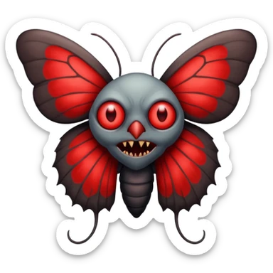 Create a scary emoji of the mothman with bright red eyes and as depicted in the legend. Make it less bird like and more Moth / Human hybrid sticker