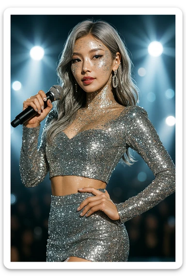 Glamorous K-pop singer with silver glitter, stylish and dazzling sticker
