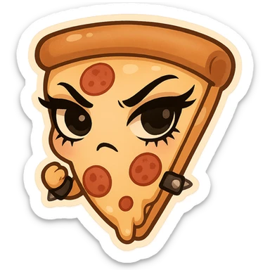 chibi sticker-style slice of pizza with a studded bracelet and dark eyeliner, cute and exaggerated sticker