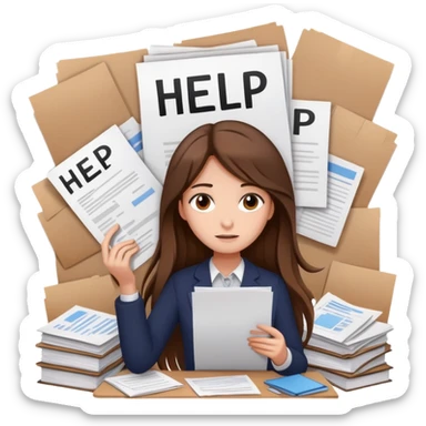Girl with long brown hair holding a ‘help’ sign while surrounded by messy paperwork elegant  sticker