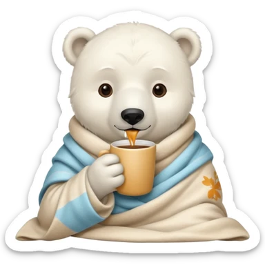 baby white polar in cozy blanket, drink hot coffee sticker
