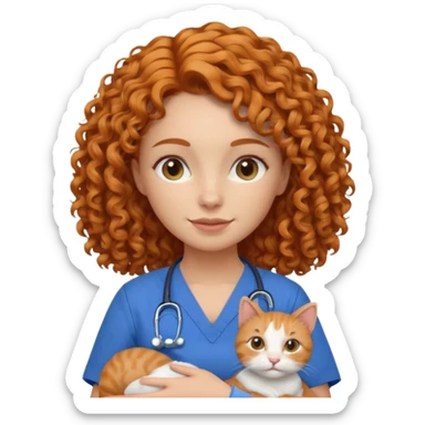 a ginger curly hair vet woman with blue scrub holding a cat sticker
