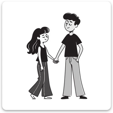 A girl with long brown hair holding the hand of a boy with short black hair, she wearing a black tank top with flared blue jeans, he wearing a black t-shirt with grey jeans, couple in love sticker
