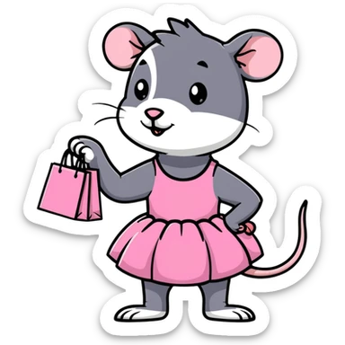 rat with a pink dress and tutu holding a black and white striped shopping bag sticker