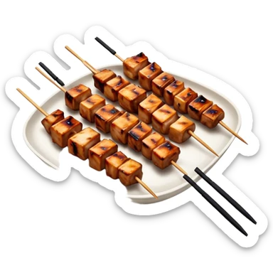 Cinematic Realistic Yakitori Dish Emoji, depicted as skewered, grilled chicken pieces with a charred finish rendered with crisp textures and appetizing, natural lighting. sticker