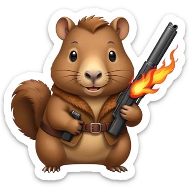  smiiling capibara  with two fire guns in hands  sticker