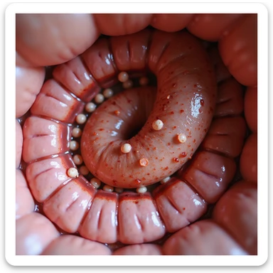 close-up of inflamed area of intestinal wall with presence of parasite eggs, microscopic details, hyperrealism, 4K sticker